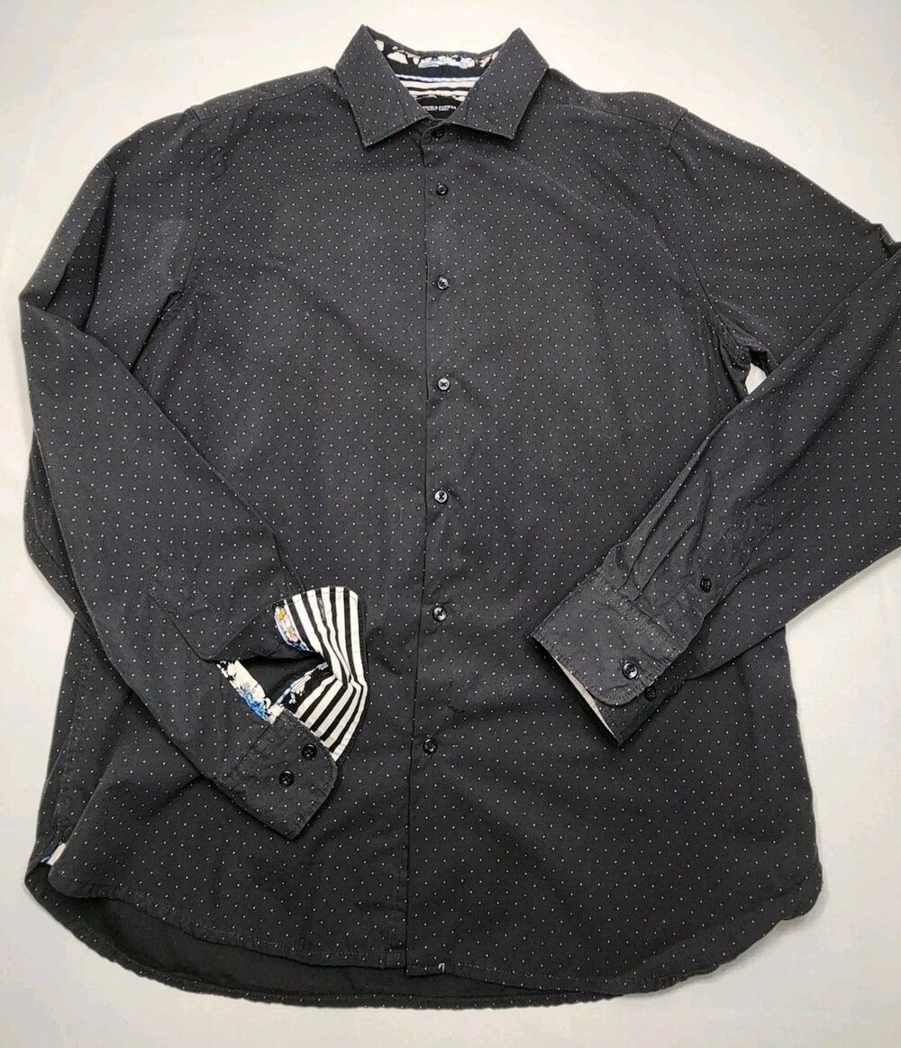 Demin & Flower Black Long Sleeve Button Down Mens L 100% Cotton Polka DotsCas